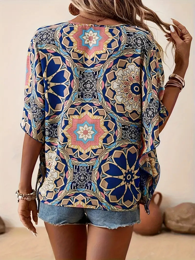 Edith - Blouse with floral motif and V-neckline