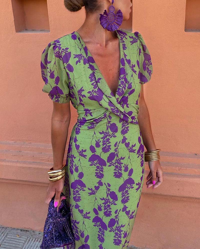 Maxi Jurk - Elegant - Katoenmix met Bladerenpatroon - Perfect voor Lente en Zomer