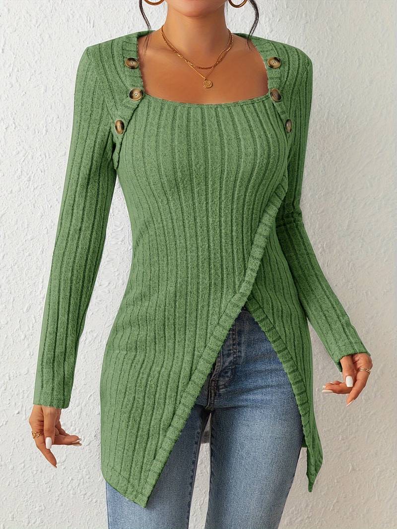 Catherine - Square Neck Sweater with Long Sleeves and Side Split