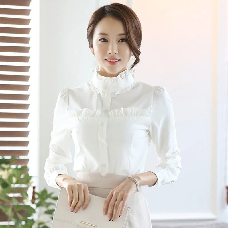 Clara - White top with stand-up collar and long sleeves