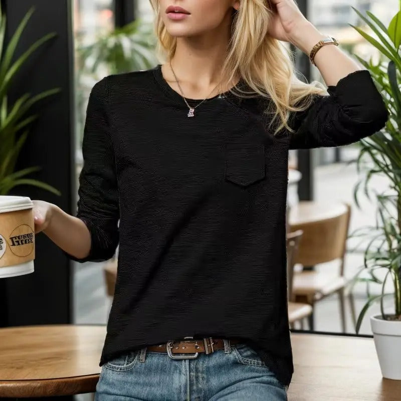 Sophronia - Fashionable cotton shirt with round neck and long sleeves