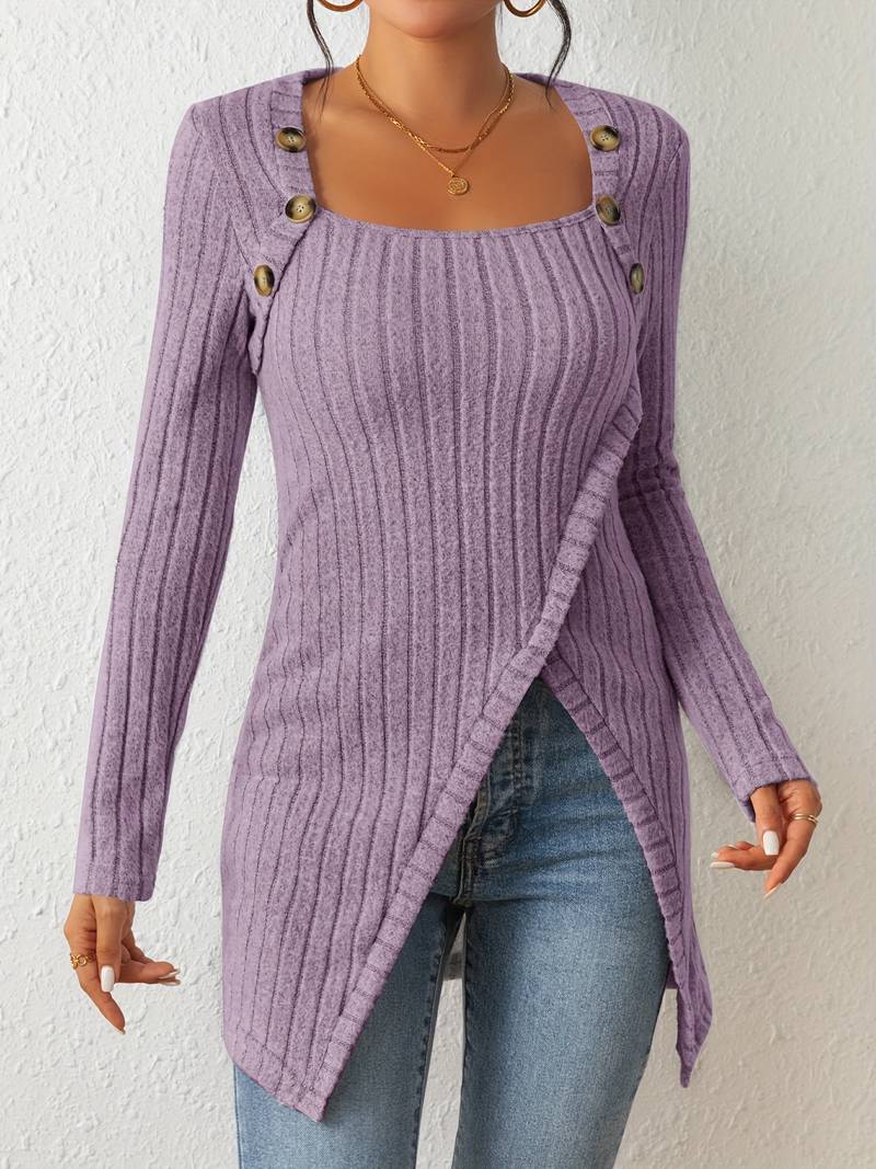 Catherine - Square Neck Sweater with Long Sleeves and Side Split