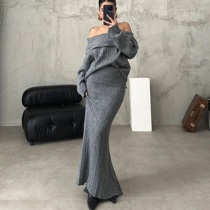 Clara - Elegante set van off-the-shoulder trui en nauwsluitende gebreide rok