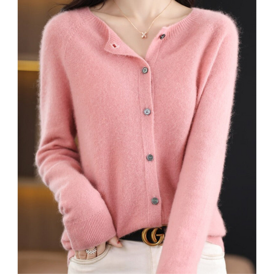 Pure Merino Wool Women's O-neck Cardigan Cashmere Sweater