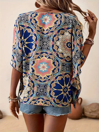 Edith - Blouse with floral motif and V-neckline