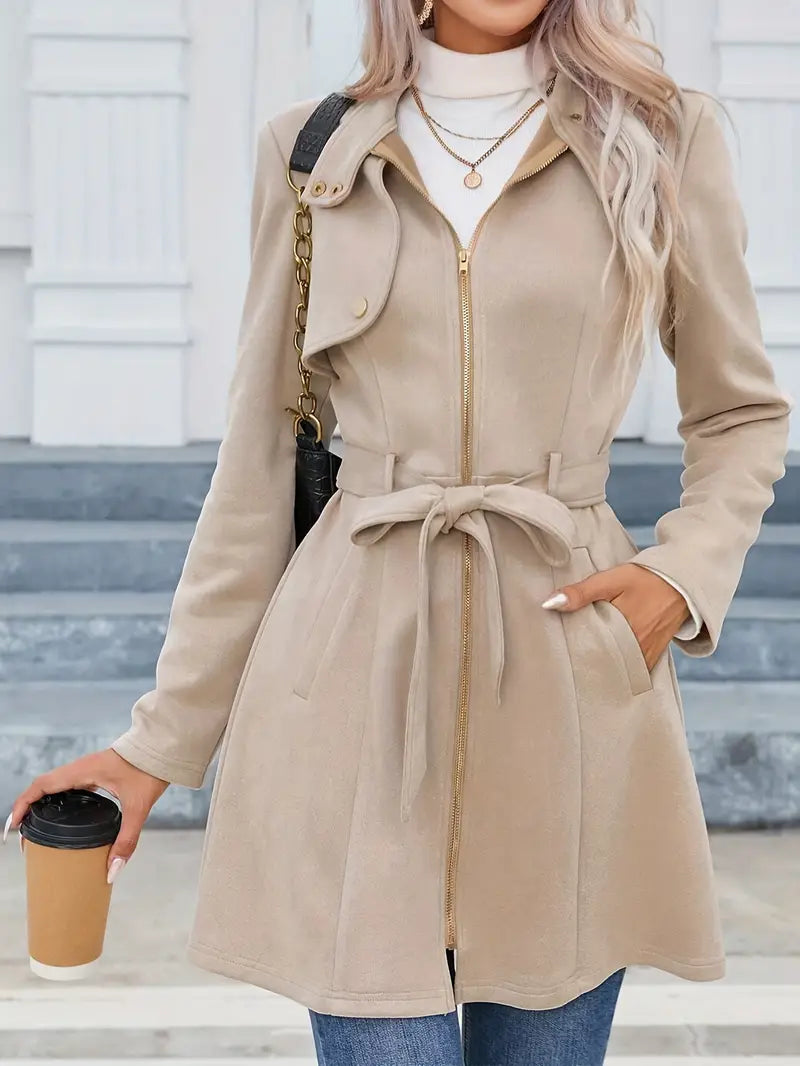 Elsie - Mid-length zip-up coat with stand-up collar and belt