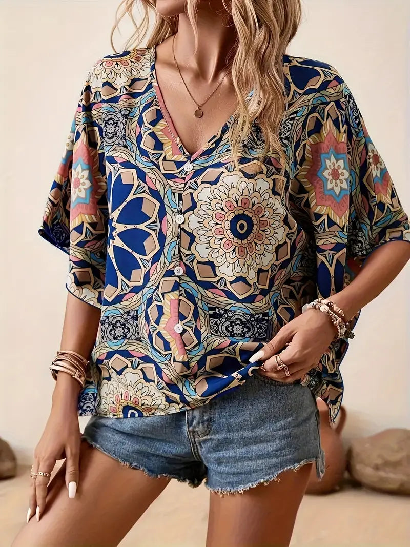 Edith - Blouse with floral motif and V-neckline