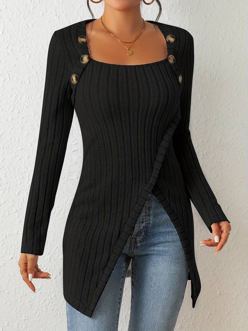 Catherine - Square Neck Sweater with Long Sleeves and Side Split