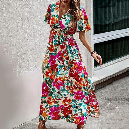 Clara - Robe taille haute à ceinture et imprimé tropical