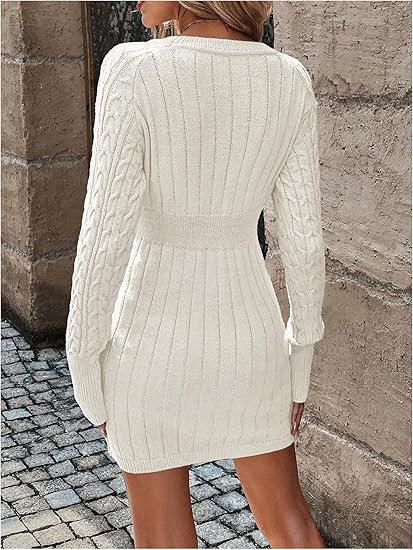 Dolores - Mini-robe à manches longues et col en V en tricot torsadé