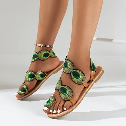 Vivien - Flat women's sandals with peacock motif