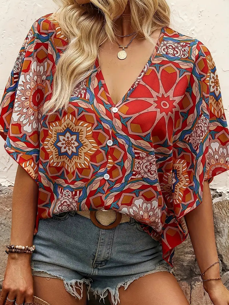 Edith - Blouse with floral motif and V-neckline