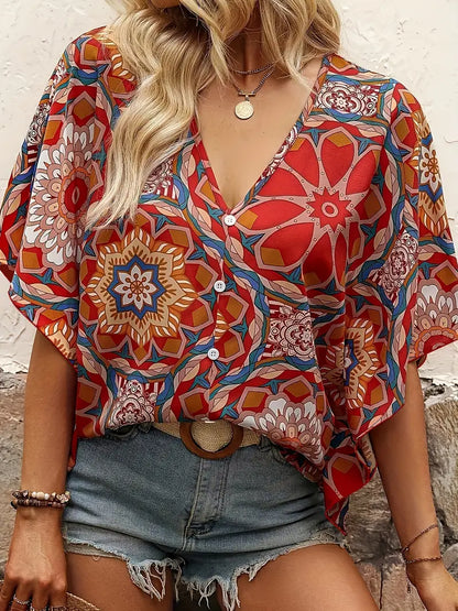 Edith - Blouse with floral motif and V-neckline