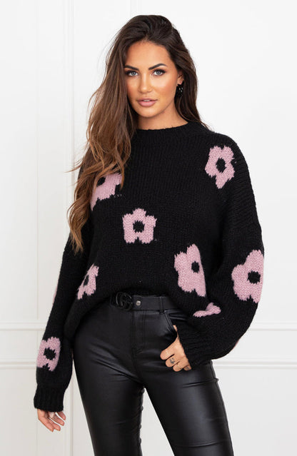 Sweater - Adalee - Floral Design - Black/Beige - Suitable for Multiple Seasons