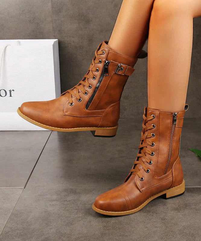 Evie - Cross Strap Zipper Splicing Chunky Boots