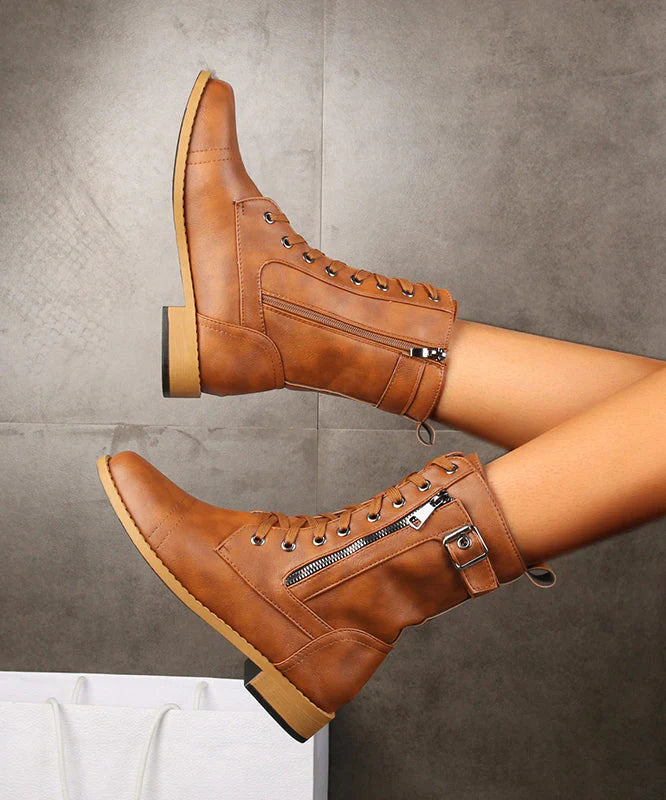 Evie - Cross Strap Zipper Splicing Chunky Boots
