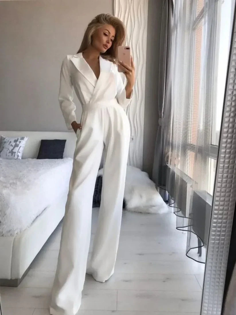 Arlene - Women's Loose Long Sleeve V-Neck Jumpsuit