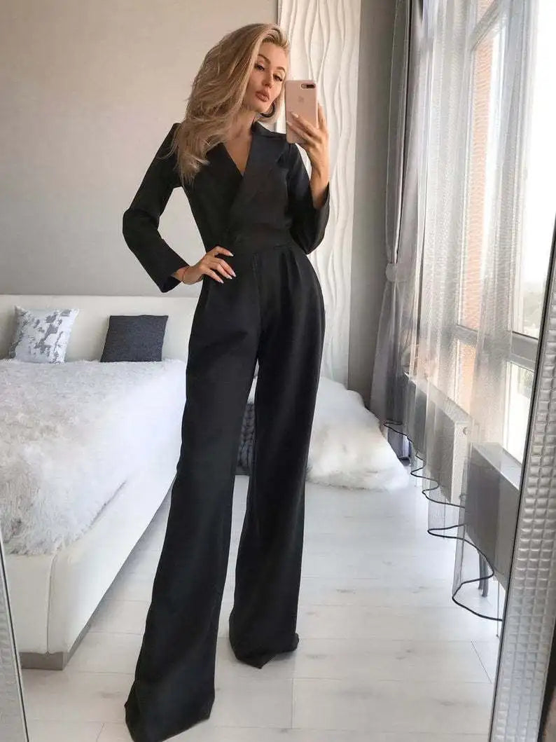 Arlene - Women's Loose Long Sleeve V-Neck Jumpsuit