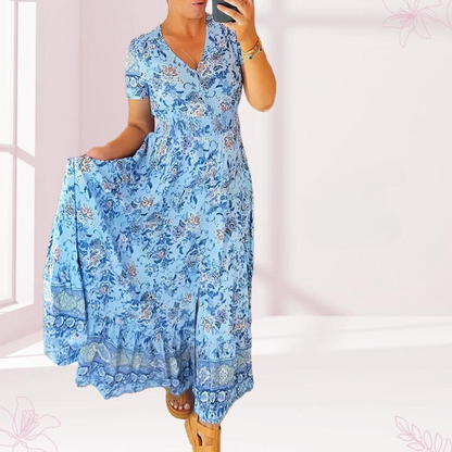 Jewel - Casual lange jurk met bloemmotief en ruches in de taille met V-hals