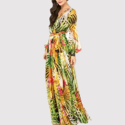 Evarine - Long women's dress with V-neck and lantern sleeves