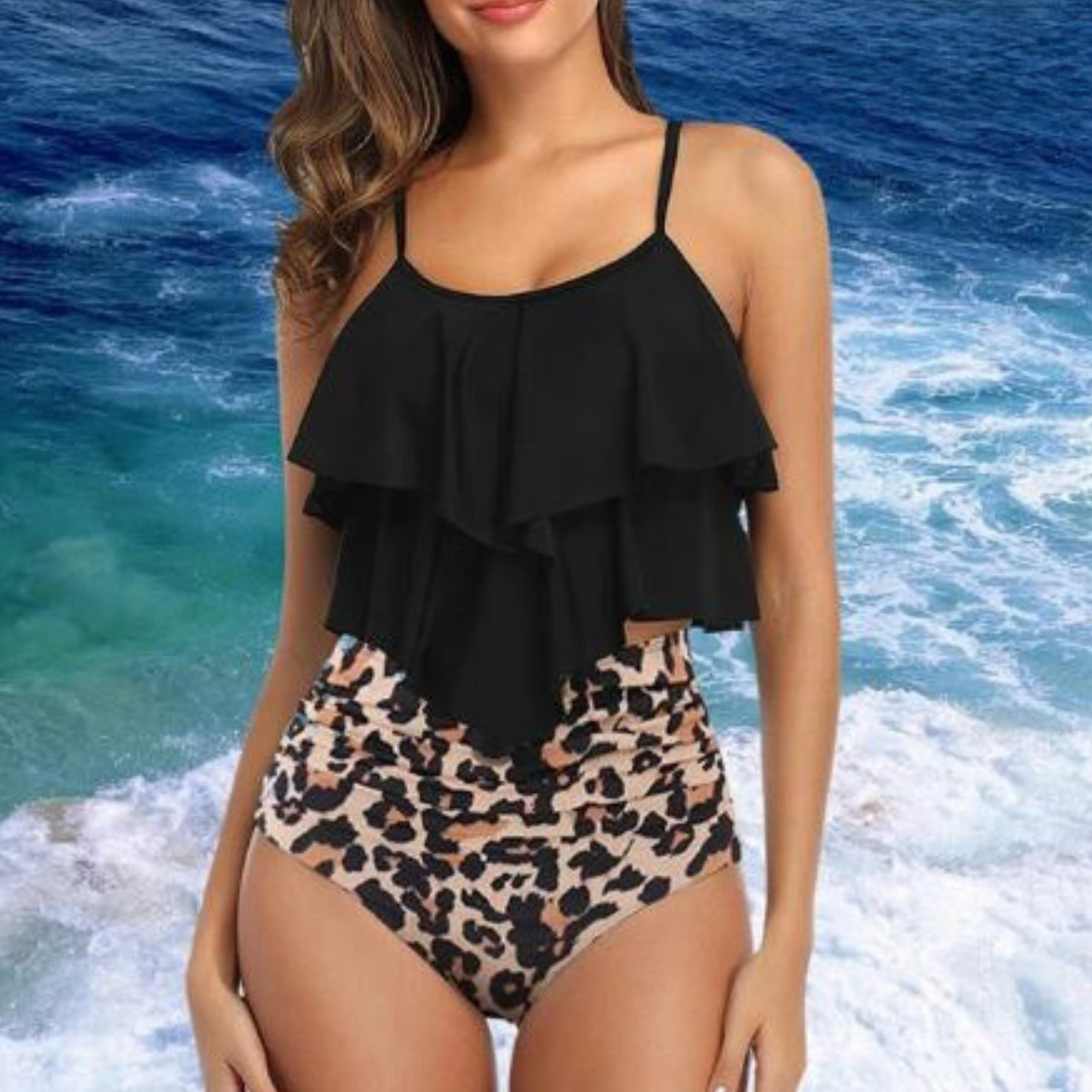 Cressida - Ruffle Tank Top &amp; High Waist Bikini - 2 Piece Tankini Set
