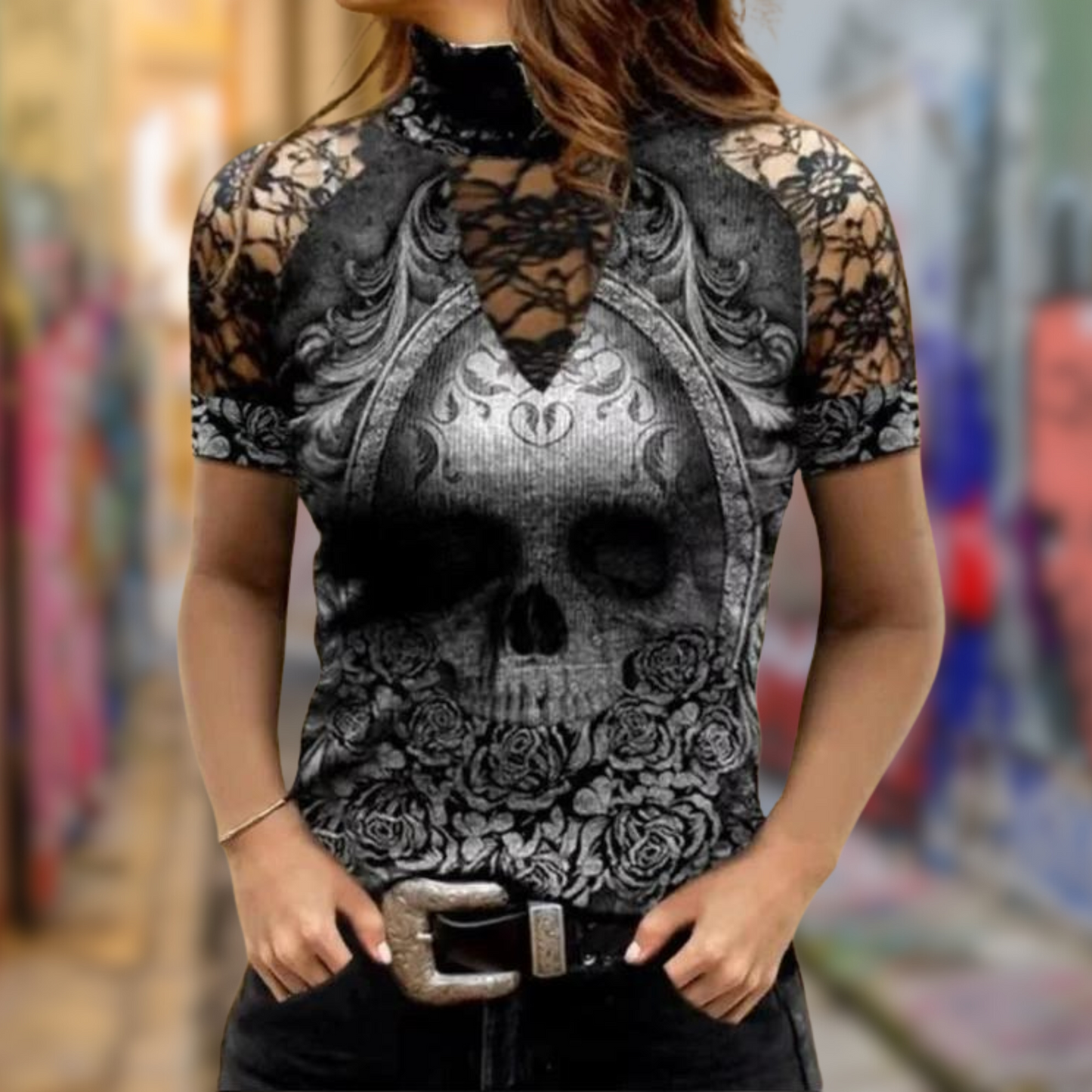 Antonia - Turtleneck Top with Skull Print