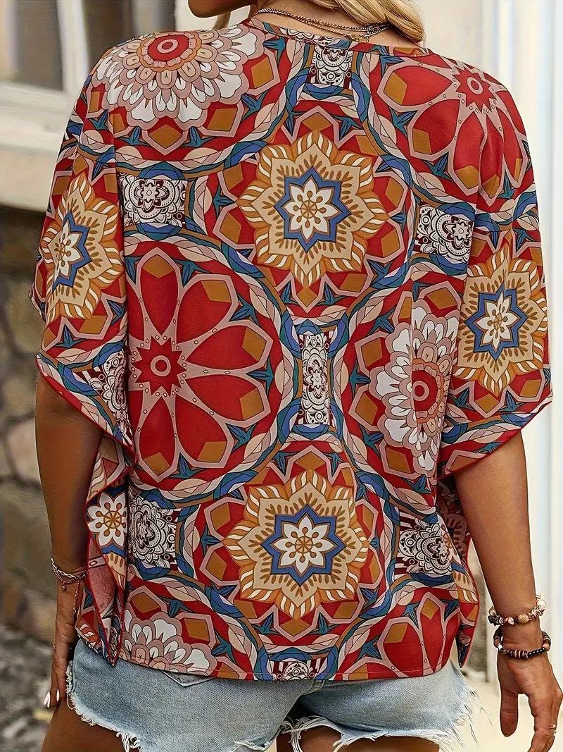 Edith - Blouse with floral motif and V-neckline
