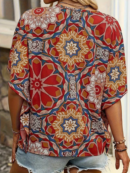 Edith - Blouse with floral motif and V-neckline