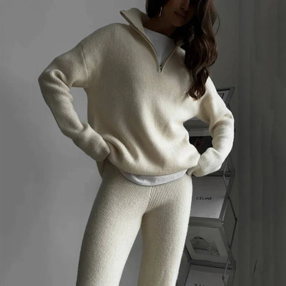 Jean - Tweedelige gebreide rits Sweater Hoge Taille Broek Sets