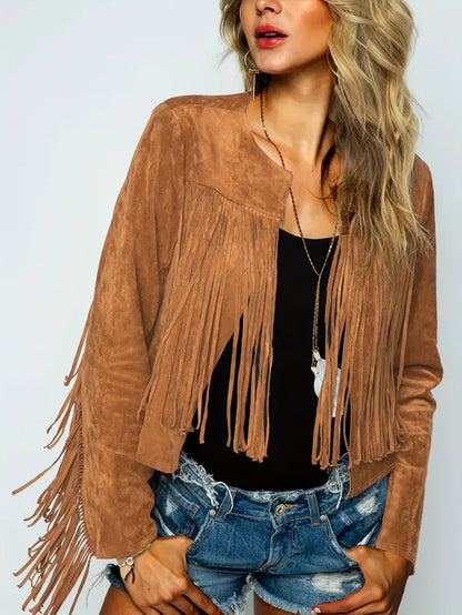 Amelia - Veste ouverte avec ourlet à franges en aspect daim