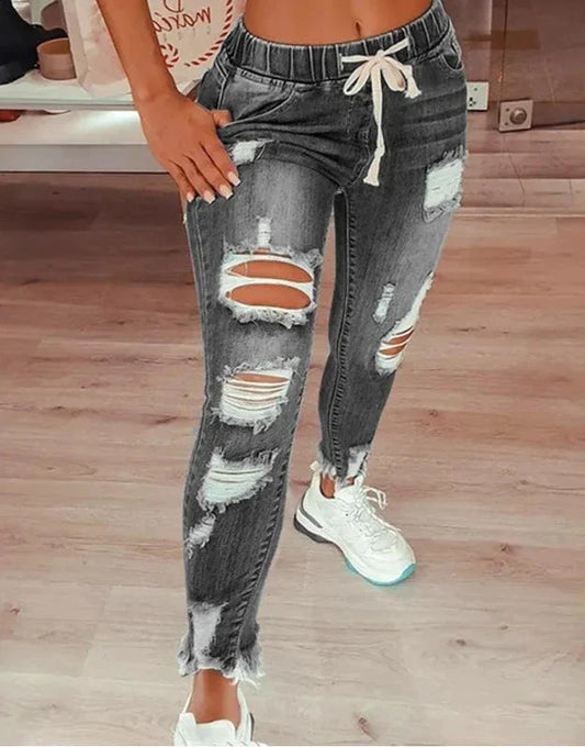 Emmeline - Jean slim déchiré à taille élastique tendance