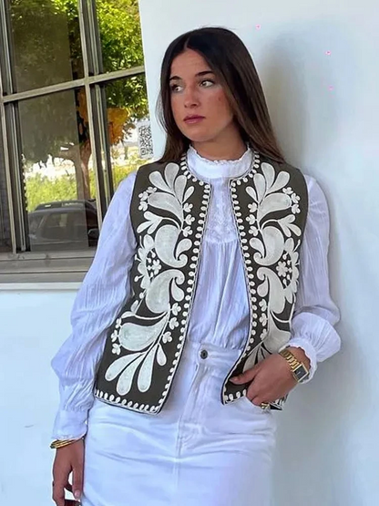 Raina - Gilet court à fleurs brodées