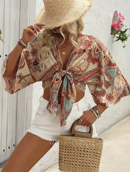 Dorothy - Blouse with paisley motif and knotted front