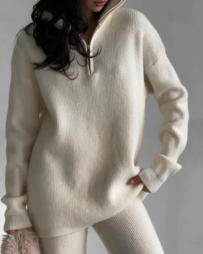 Jean - Tweedelige gebreide rits Sweater Hoge Taille Broek Sets