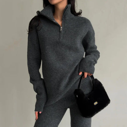Jean - Tweedelige gebreide rits Sweater Hoge Taille Broek Sets