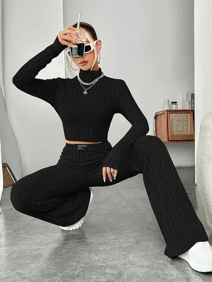 Mabel - Tweedelige set met gebreide top met lange mouwen en broek