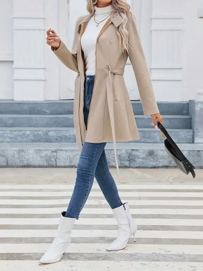 Elsie - Mid-length zip-up coat with stand-up collar and belt