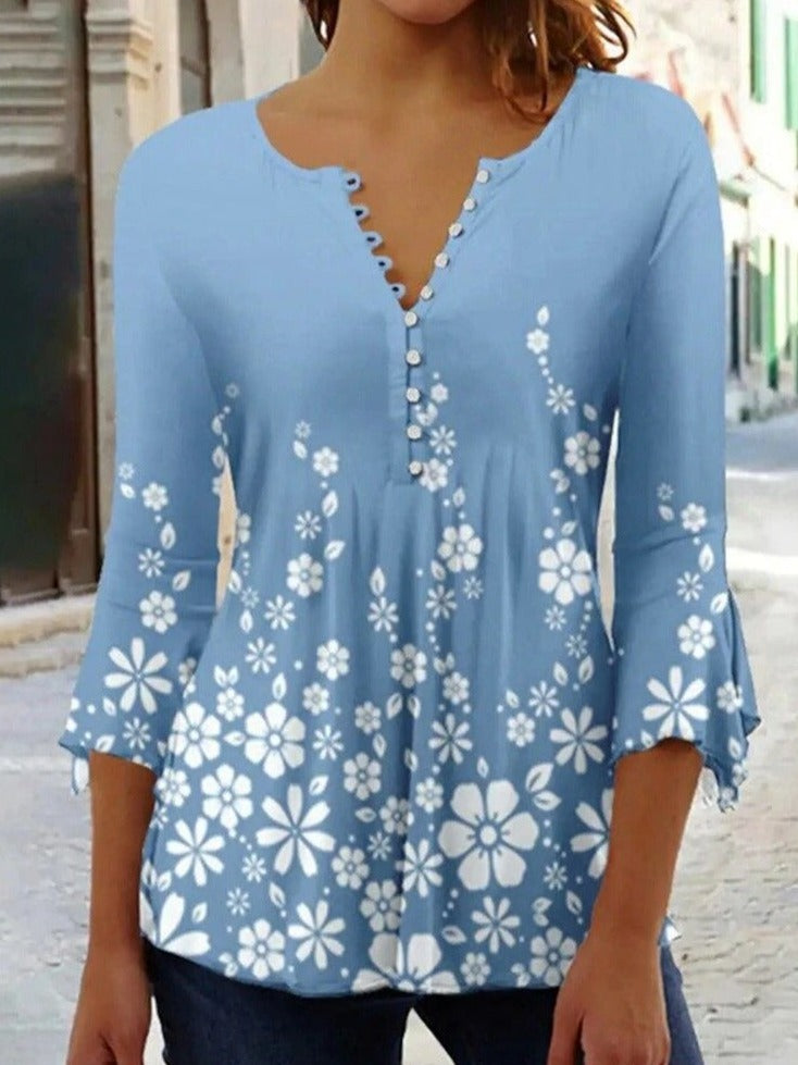 Mabel - Women's V-neck T-shirt with button closure