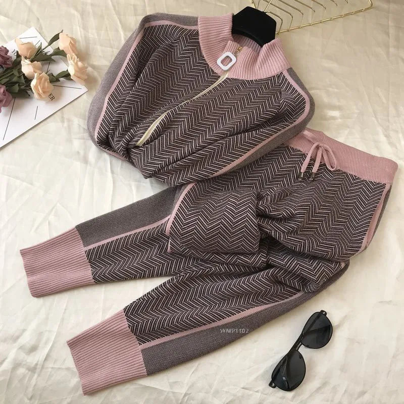 Adele - Knitted sweater and pants sets with zipper