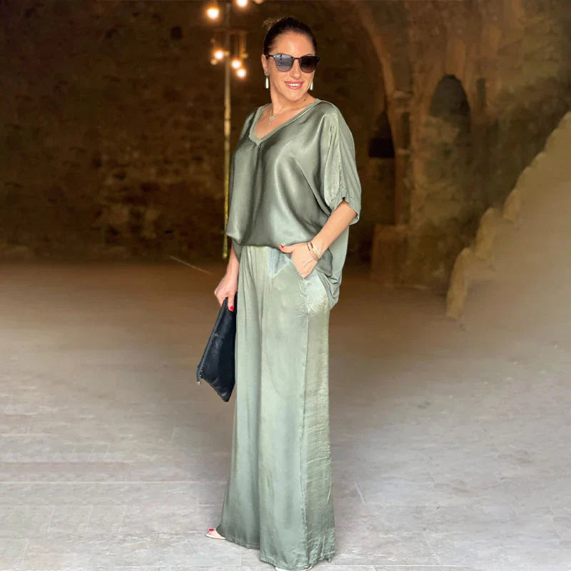 Eleanor - Two Piece Satin Set with V-Neckline