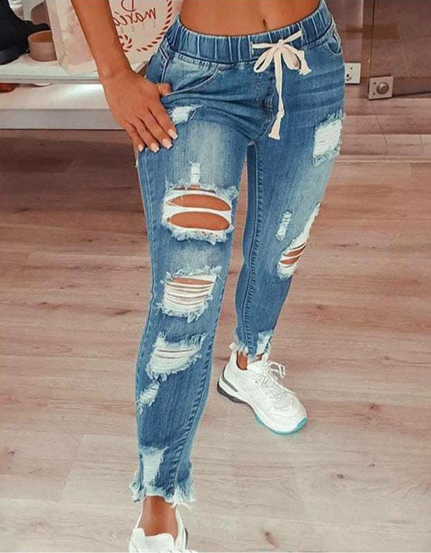 Emmeline - Fashion Slim Elastic Waist Ripped Jeans