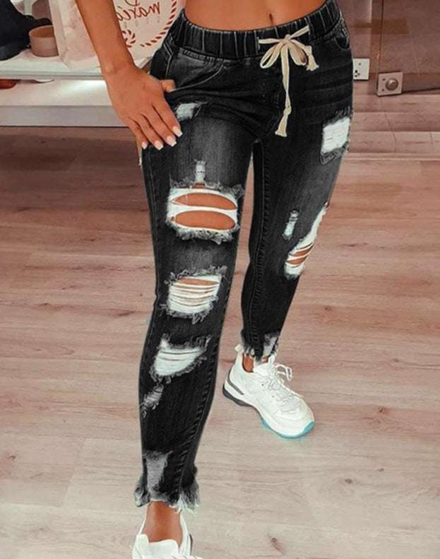 Emmeline - Fashion Slim Elastic Waist Ripped Jeans