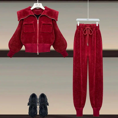 Alice - Polo Neck Hoge Taille Casual Broek Corduroy Tweedelige Set