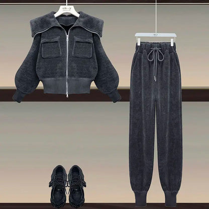 Alice - Polo Neck Hoge Taille Casual Broek Corduroy Tweedelige Set