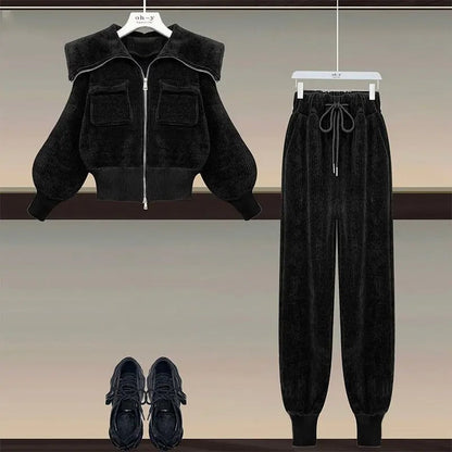 Alice - Polo Neck Hoge Taille Casual Broek Corduroy Tweedelige Set