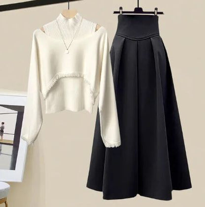 Evelyn  - Voorjaar gebreide top, halve rok, driedelige set