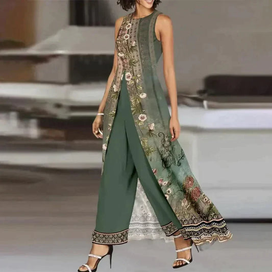 Felicity - Two-piece set green round neckline