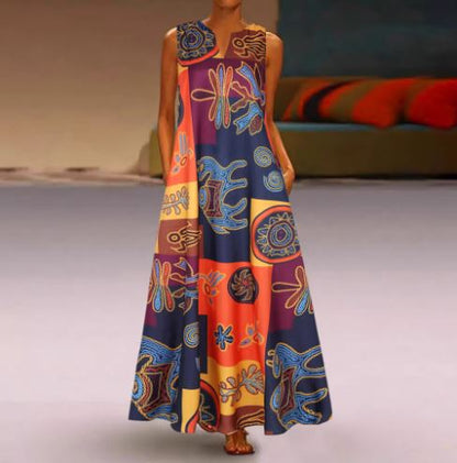 Charlote -V-hals mouwloze zomerjurk met retroprint
