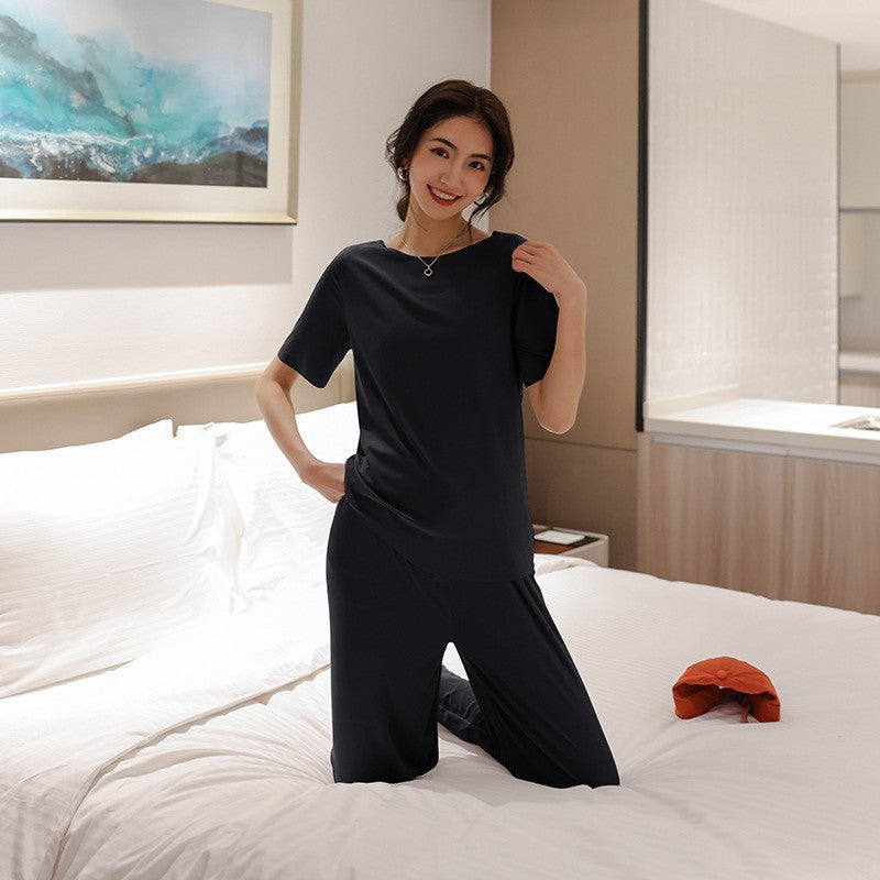 Wella - Ice Silk Short Sleeve Two Piece Set with Wide Leg Pyjamas