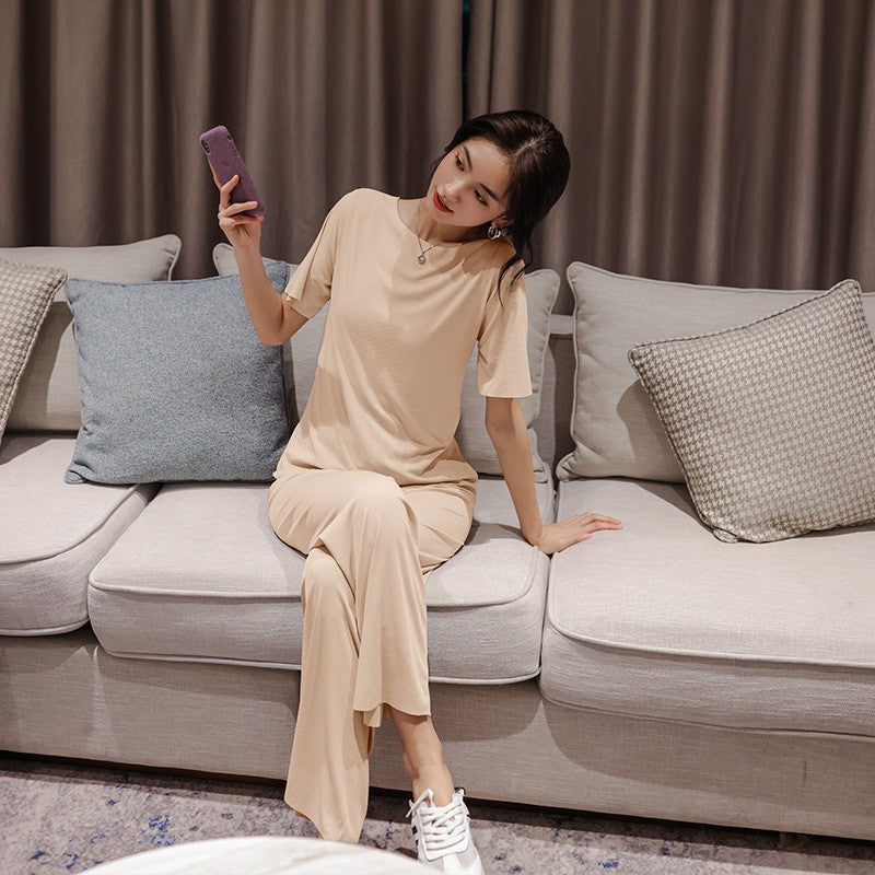 Wella - Ice Silk Short Sleeve Two Piece Set with Wide Leg Pyjamas